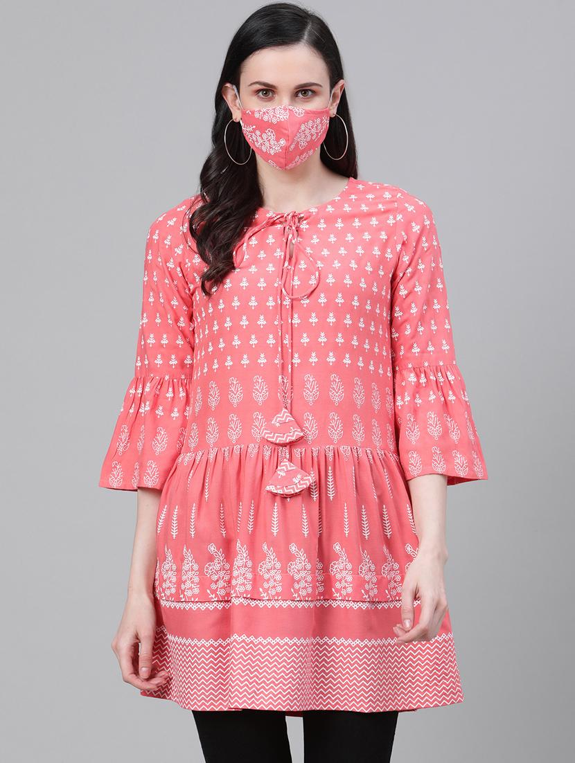 printed a-line kurti with face mask - 17554198 - Zoom Image - 1