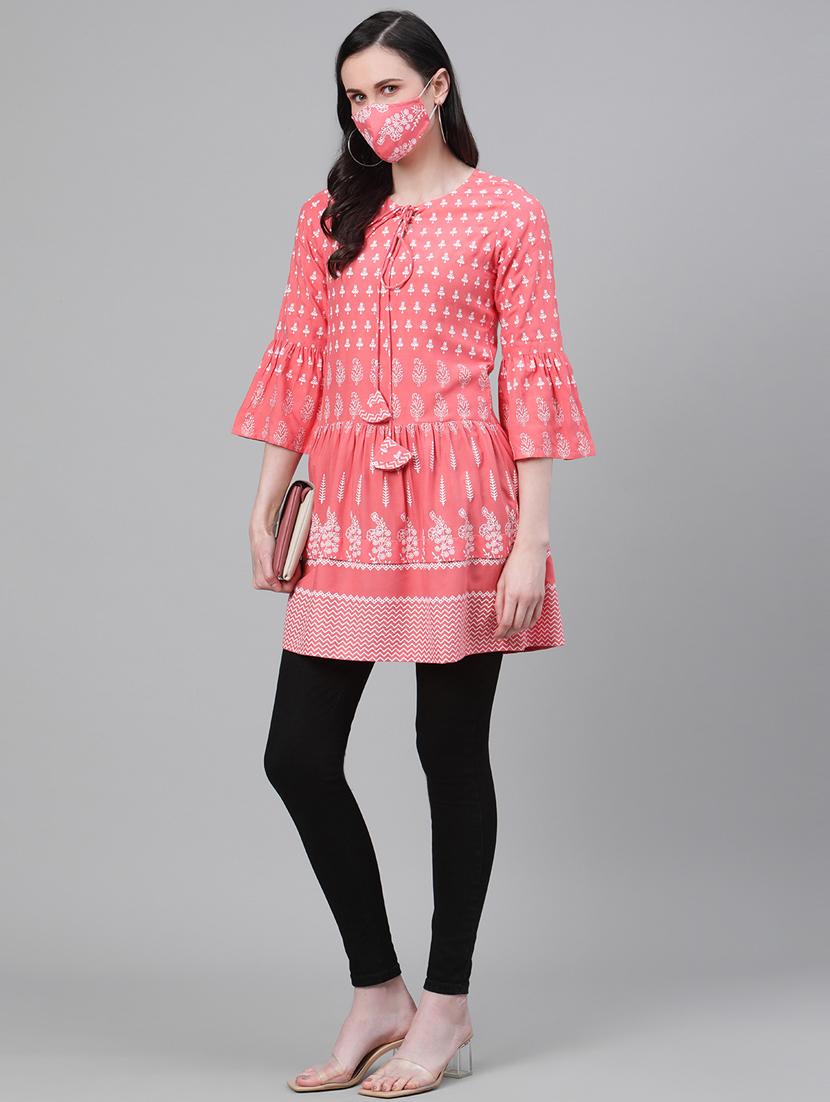 printed a-line kurti with face mask - 17554198 - Zoom Image - 4