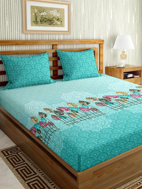 the oscar collection double bedsheet set super king size 180 tc cotton teal colour - 17554432 - Standard Image - 1