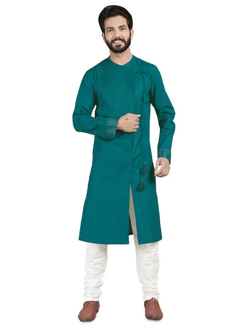 green solid pintucked kurta pyjama set - 17557178 - Standard Image - 1