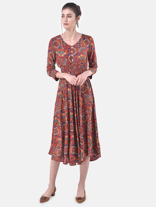 smocked waist abstract fit & flare dress - 17557262 - Standard Image - 1