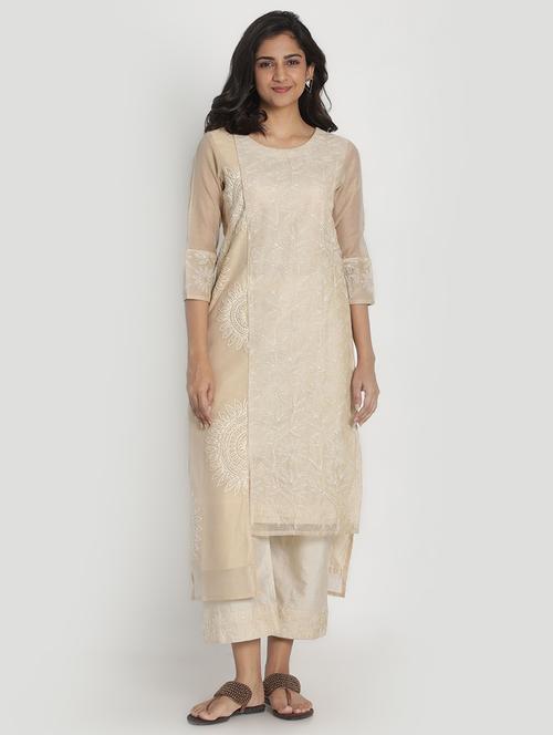 beige chanderi kurta pant set - 17557495 - Standard Image - 1