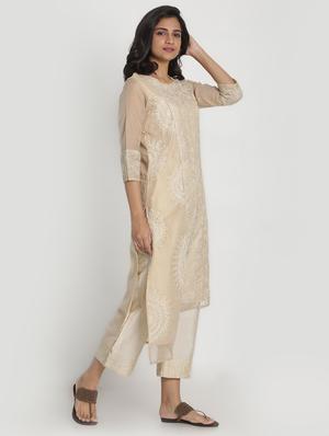beige chanderi kurta pant set - 17557495 - Standard Image - 2