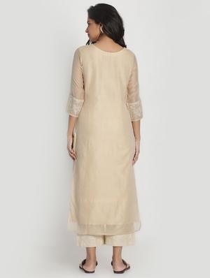 beige chanderi kurta pant set - 17557495 - Standard Image - 3