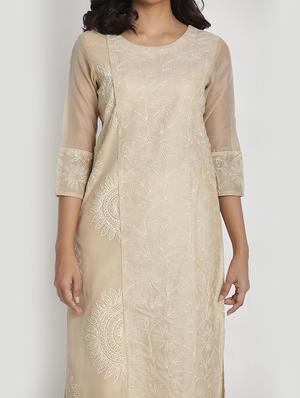 beige chanderi kurta pant set - 17557495 - Standard Image - 4