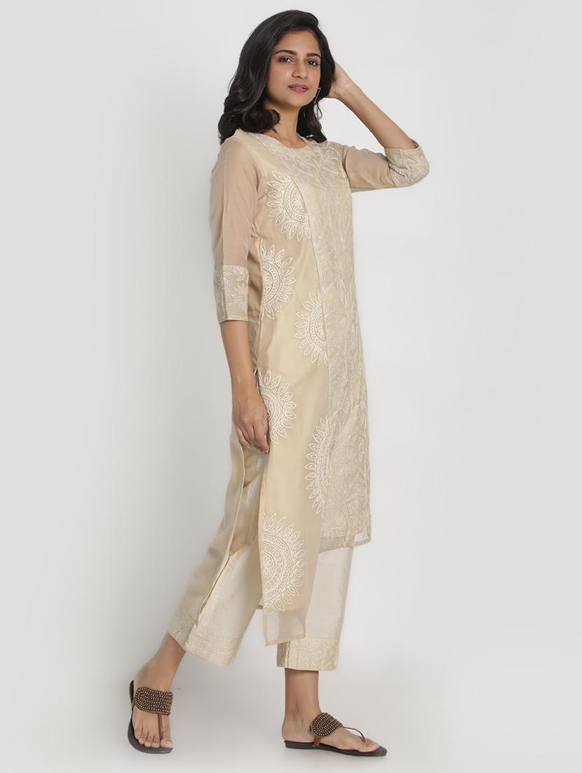beige chanderi kurta pant set - 17557495 - Zoom Image - 2