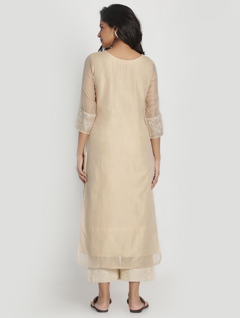 beige chanderi kurta pant set - 17557495 - Zoom Image - 3