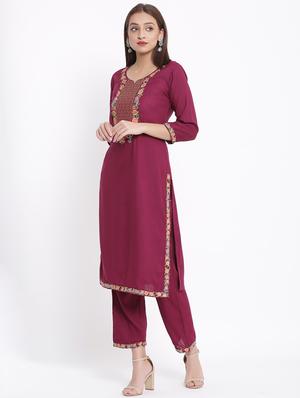 burgundy rayon kurta pant set - 17557572 - Standard Image - 2