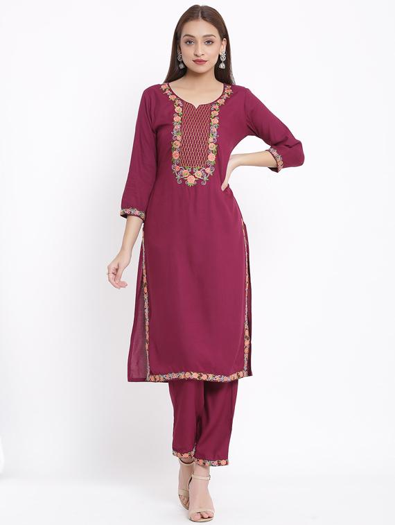 burgundy rayon kurta pant set - 17557572 - Zoom Image - 1