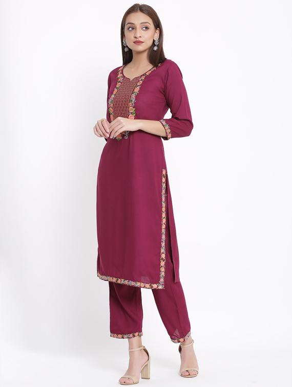 burgundy rayon kurta pant set - 17557572 - Zoom Image - 2