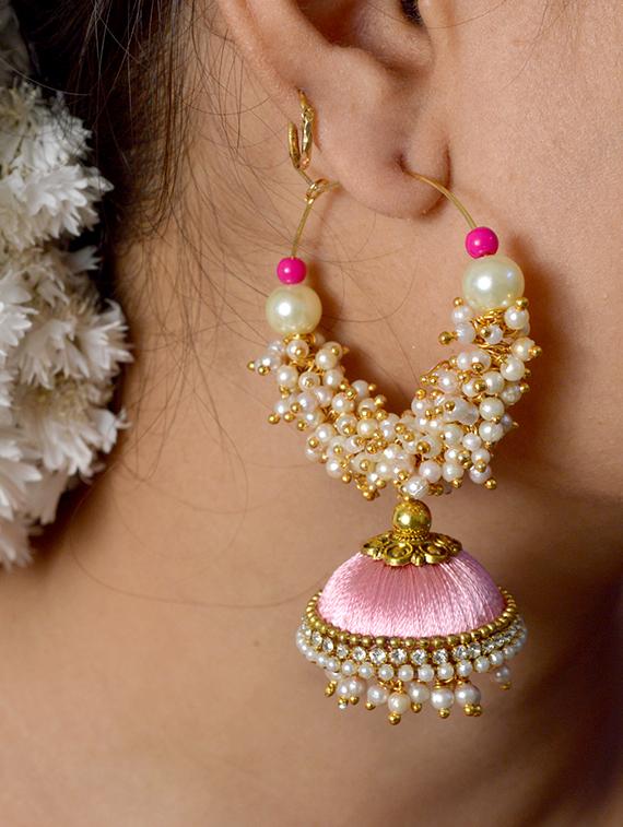 pink cotton blend jhumka earring - 17557680 - Zoom Image - 1