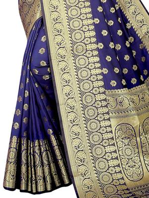 navy art silk kanjivaram saree with blouse - 17558144 - Standard Image - 3