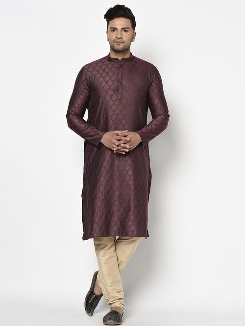 burgundy self design long kurta - 17558490 - Standard Image - 1