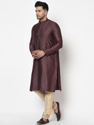 burgundy self design long kurta - 17558490 - Standard Image - 2