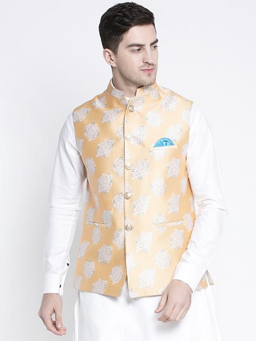 white kurta pyjama set with yellow floral nehru jacket - 17558809 - Standard Image - 1