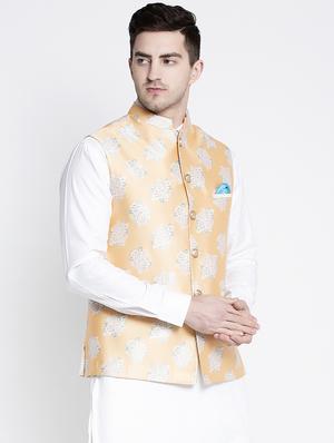 white kurta pyjama set with yellow floral nehru jacket - 17558809 - Standard Image - 2