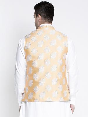 white kurta pyjama set with yellow floral nehru jacket - 17558809 - Standard Image - 3