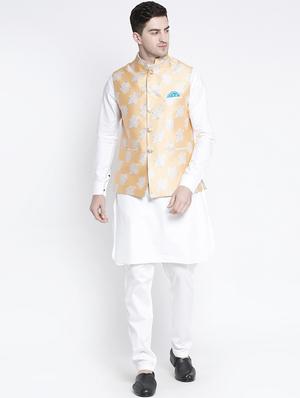 white kurta pyjama set with yellow floral nehru jacket - 17558809 - Standard Image - 4