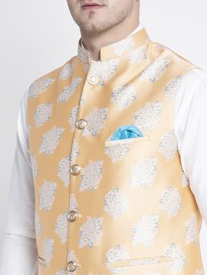 white kurta pyjama set with yellow floral nehru jacket - 17558809 - Standard Image - 5