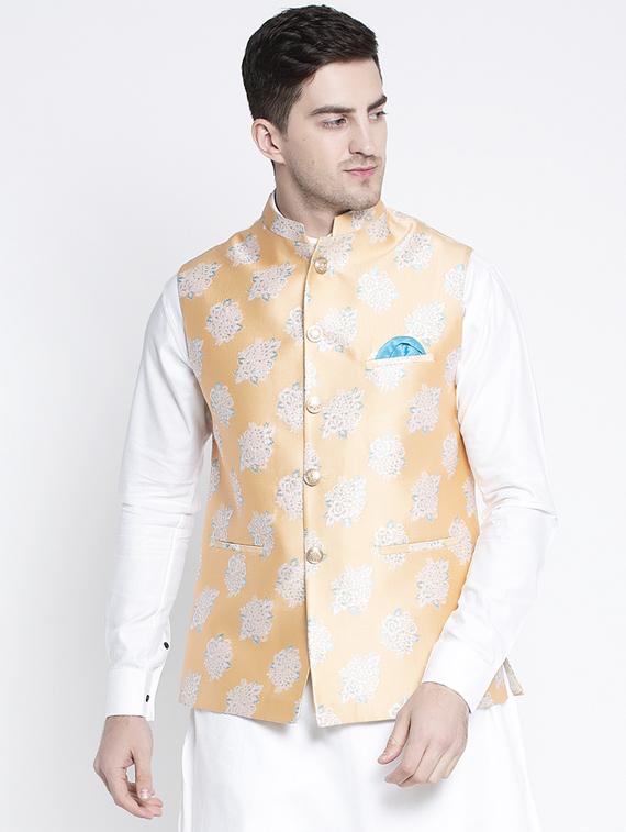 white kurta pyjama set with yellow floral nehru jacket - 17558809 - Zoom Image - 1