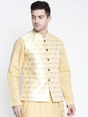 beige solid kurta pyjama set with cream jacquard nehru jacket - 17558879 - Standard Image - 2