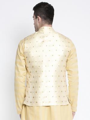 beige solid kurta pyjama set with cream jacquard nehru jacket - 17558879 - Standard Image - 3