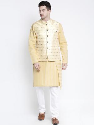 beige solid kurta pyjama set with cream jacquard nehru jacket - 17558879 - Standard Image - 4