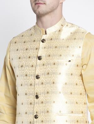 beige solid kurta pyjama set with cream jacquard nehru jacket - 17558879 - Standard Image - 5