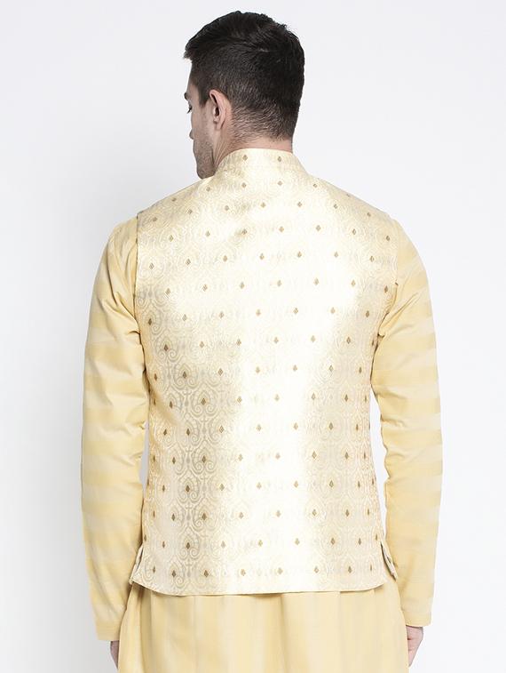 beige solid kurta pyjama set with cream jacquard nehru jacket - 17558879 - Zoom Image - 3