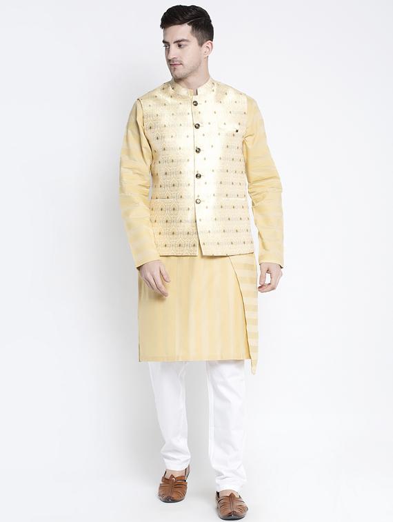beige solid kurta pyjama set with cream jacquard nehru jacket - 17558879 - Zoom Image - 4