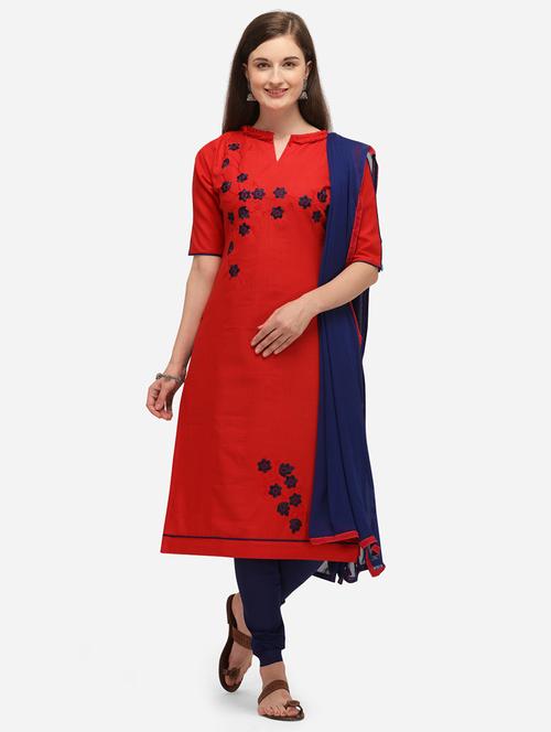 red cotton straight pant suits unstitched suit - 17559031 - Standard Image - 1