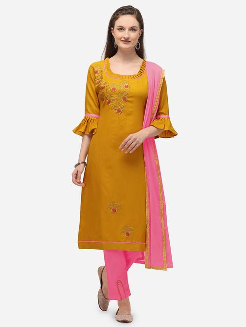 mustard cotton straight pant suits unstitched suit - 17559037 - Standard Image - 1