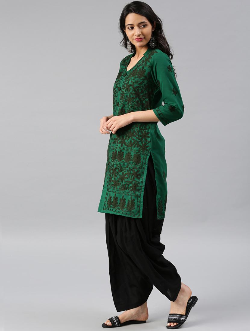 green cotton straight kurta - 17559060 - Zoom Image - 2