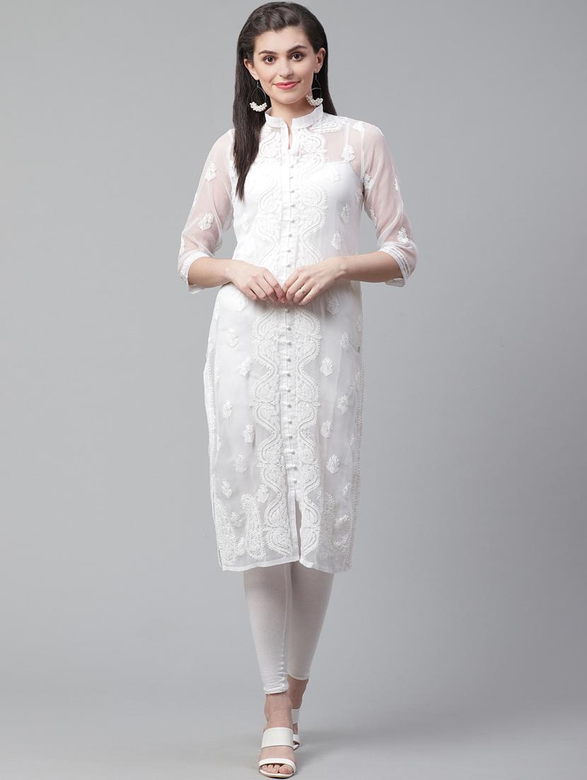 white georgette straight kurta - 17559238 - Zoom Image - 1