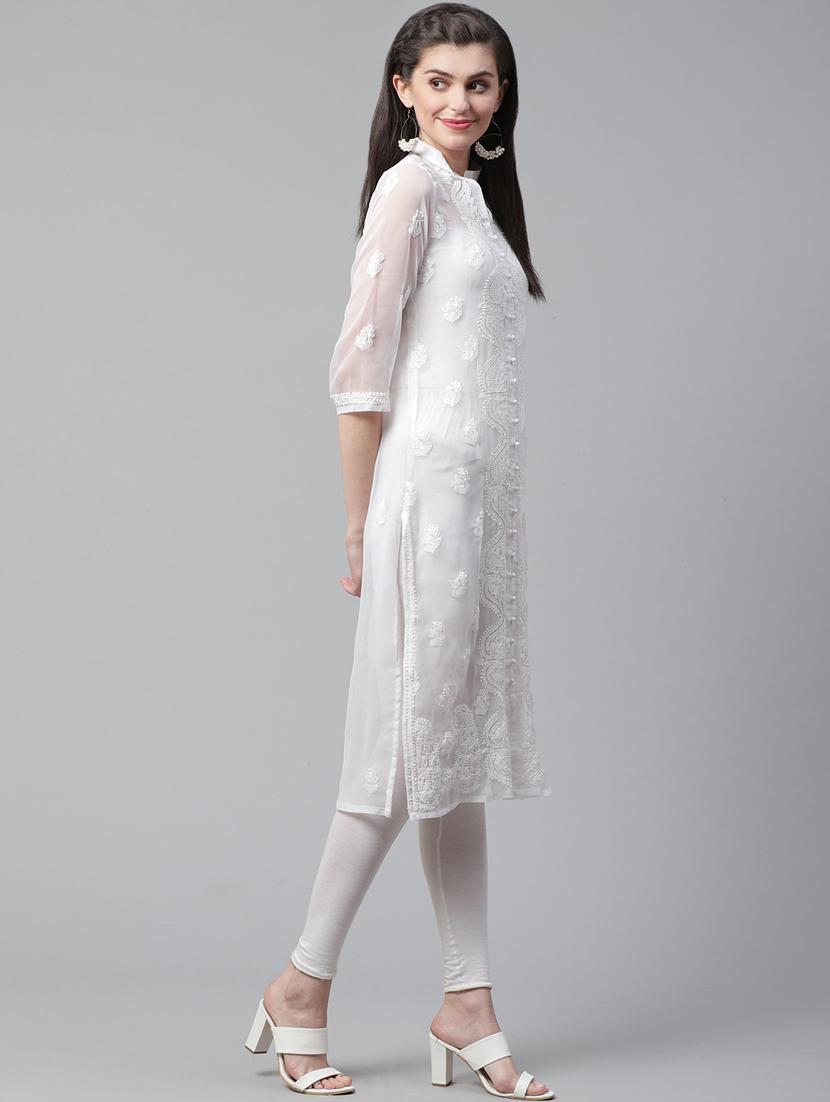 white georgette straight kurta - 17559238 - Zoom Image - 2