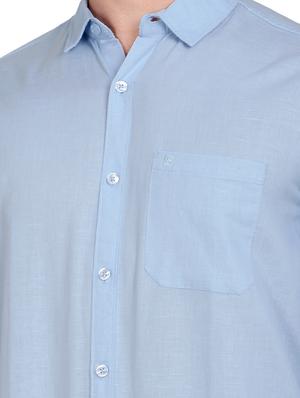 blue solid linen casual shirt - 17559960 - Standard Image - 4
