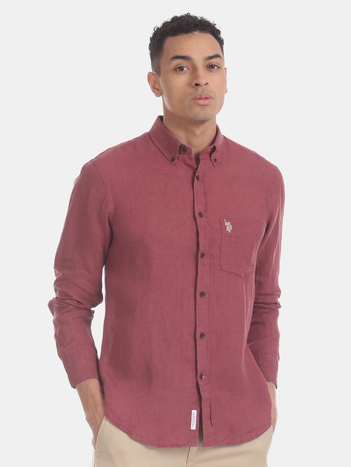 maroon solid linen casual shirt - 17561082 - Standard Image - 1