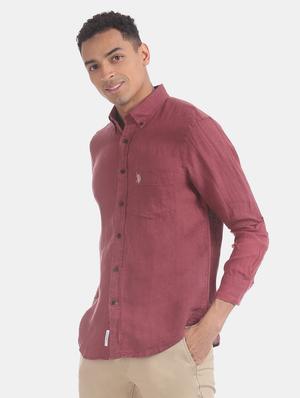 maroon solid linen casual shirt - 17561082 - Standard Image - 2