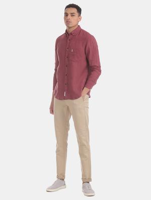 maroon solid linen casual shirt - 17561082 - Standard Image - 4