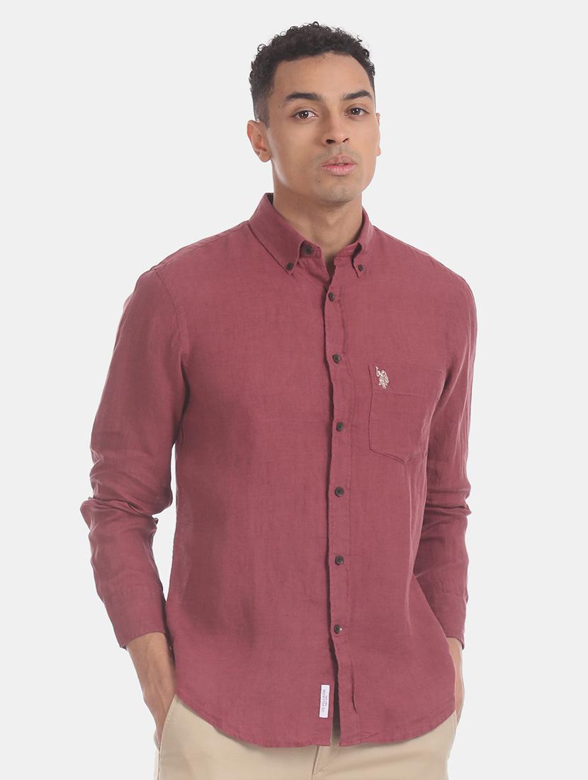 maroon solid linen casual shirt - 17561082 - Zoom Image - 1