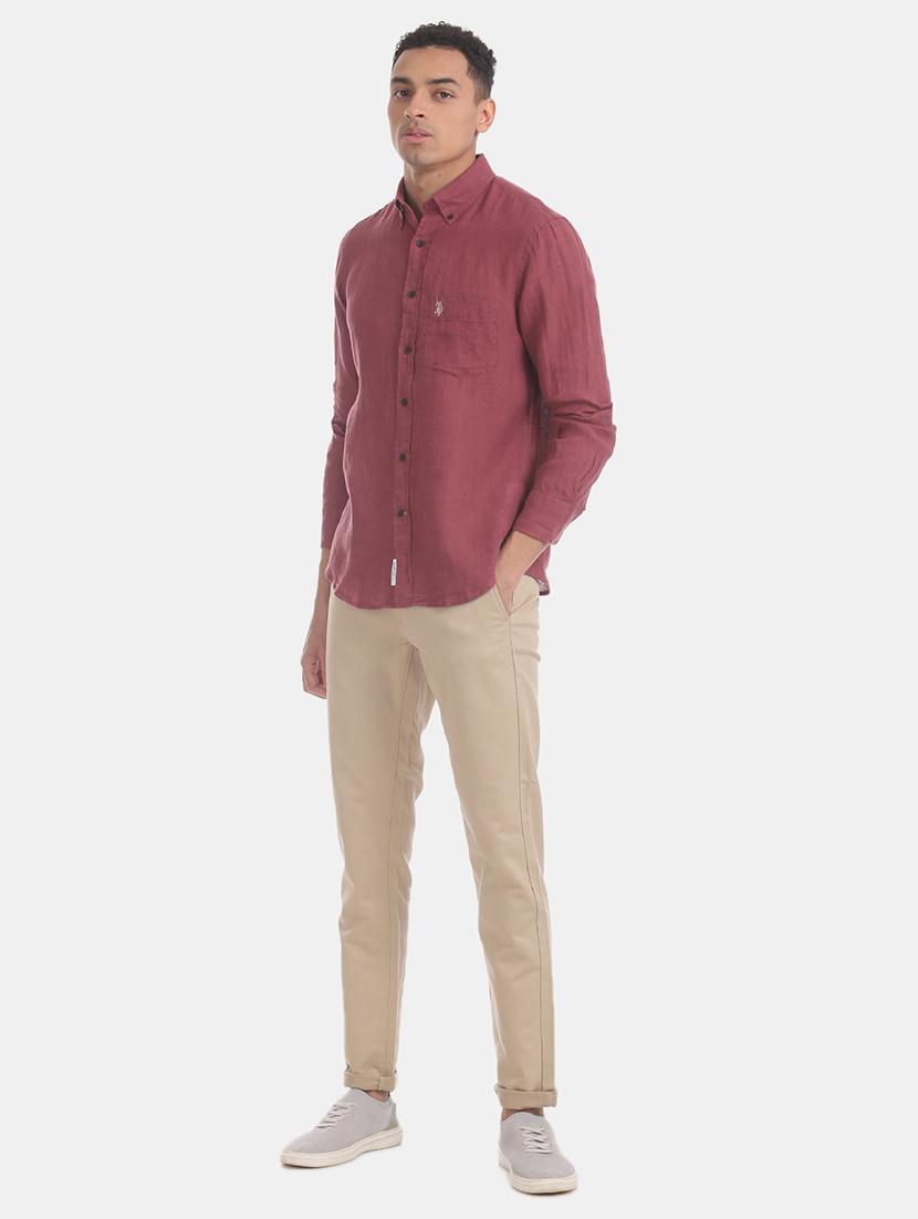 maroon solid linen casual shirt - 17561082 - Zoom Image - 4