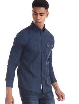 navy blue striped casual shirt - 17561194 - Standard Image - 2