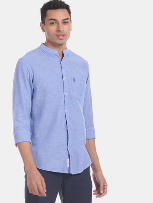 blue solid linen casual shirt - 17562025 - Standard Image - 2