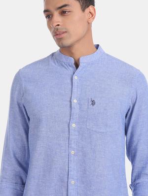 blue solid linen casual shirt - 17562025 - Standard Image - 6