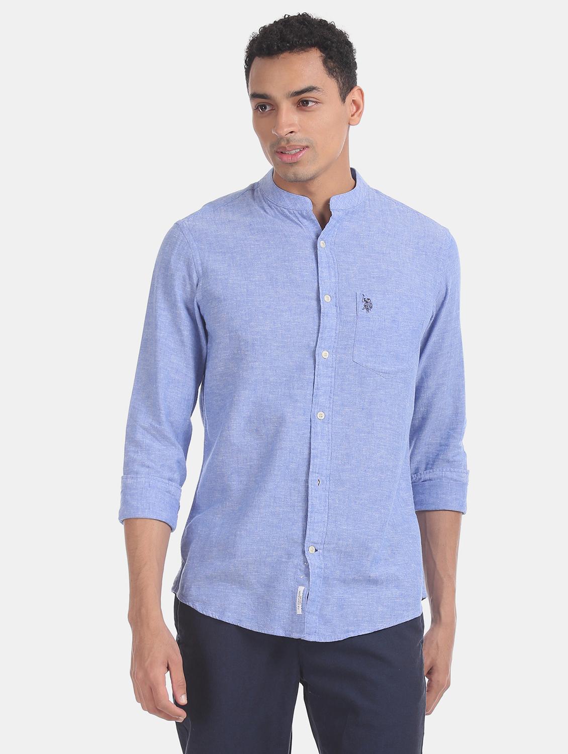 blue solid linen casual shirt - 17562025 - Zoom Image - 1