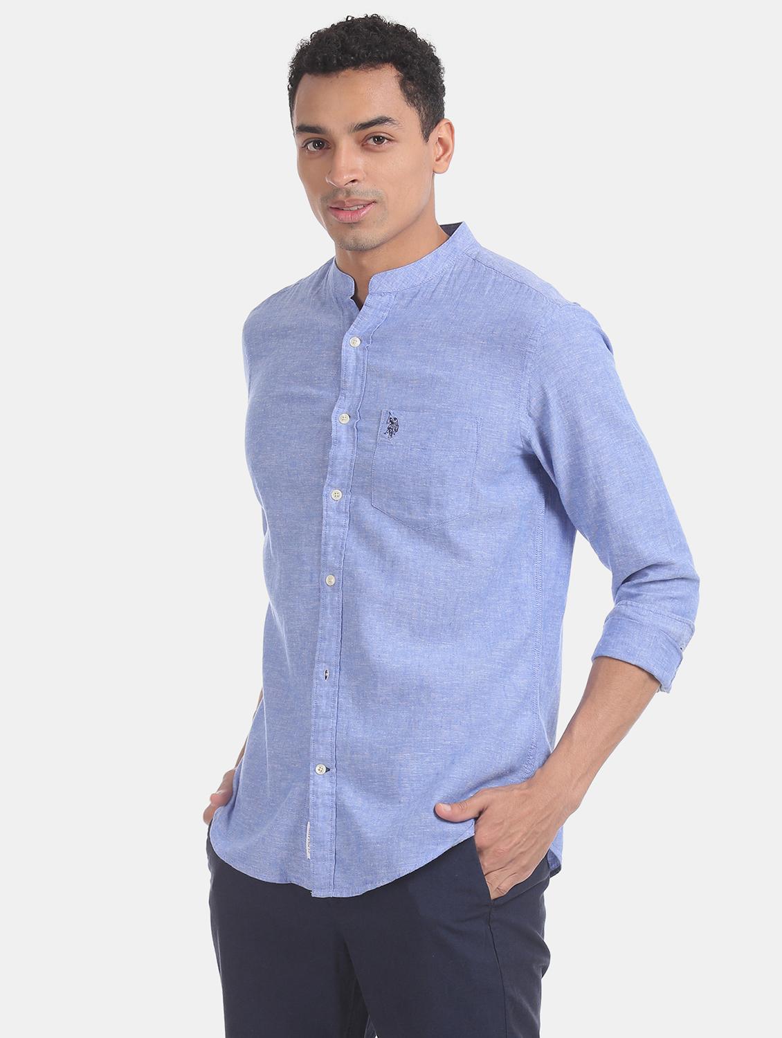 blue solid linen casual shirt - 17562025 - Zoom Image - 3