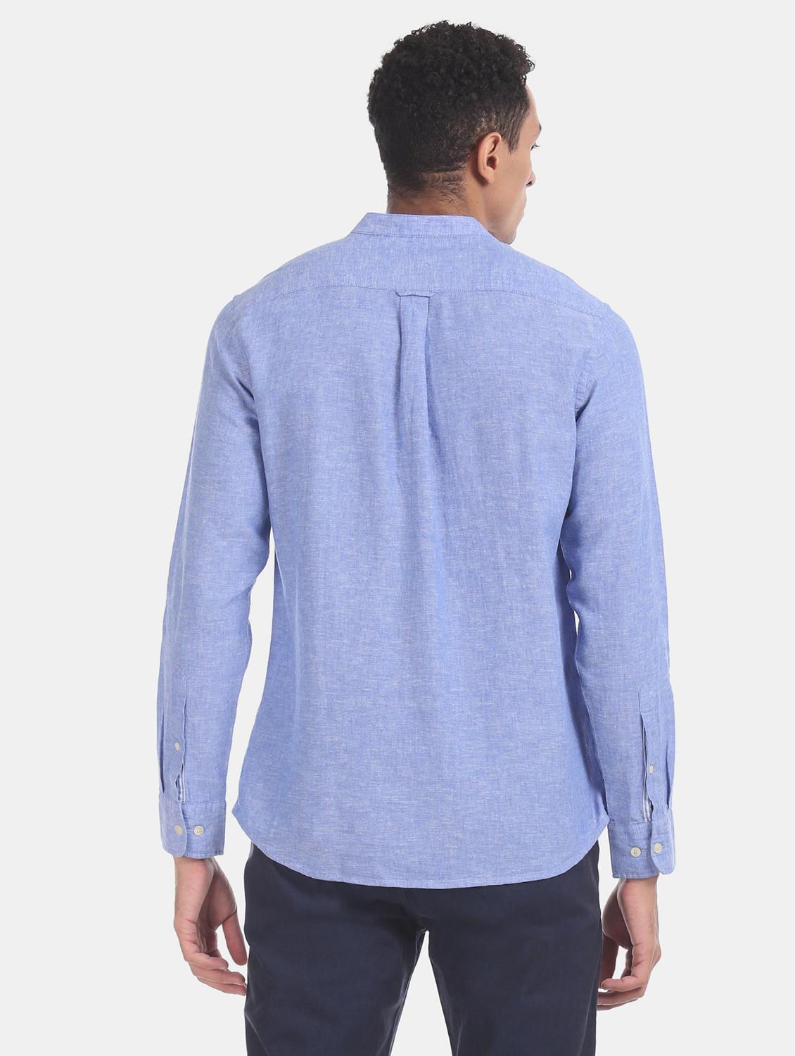 blue solid linen casual shirt - 17562025 - Zoom Image - 4