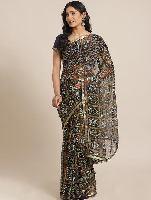 navy chiffon printed saree with blouse - 17562966 - Standard Image - 1