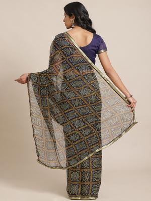 navy chiffon printed saree with blouse - 17562966 - Standard Image - 2