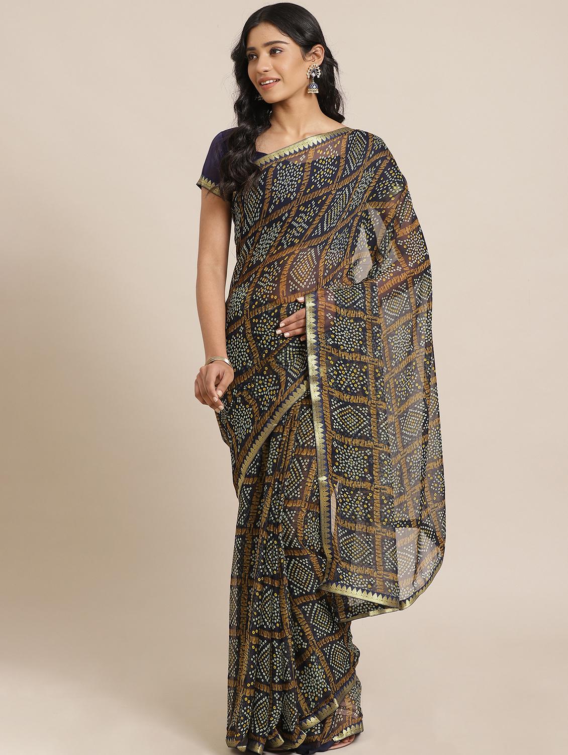 navy chiffon printed saree with blouse - 17562966 - Zoom Image - 1